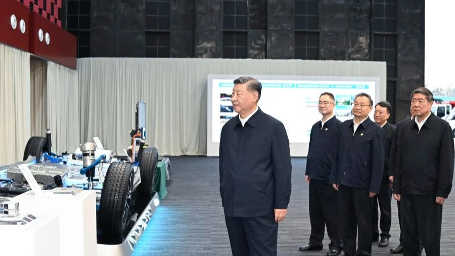 Chinese President Xi Jinping, also general secretary of the Communist Party of China Central Committee and chairman of the Central Military Commission, examines an array of major scientific and technological innovations attained by Anhui in recent years..