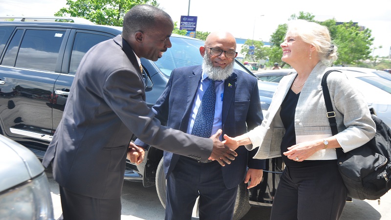 Simon Charles (L), Director of the Small Industries and Small Business Department Industry and Trade ministry, pictured in Dar es Salaam yesterday welcoming MARK UP Project representative Margareta Funder 