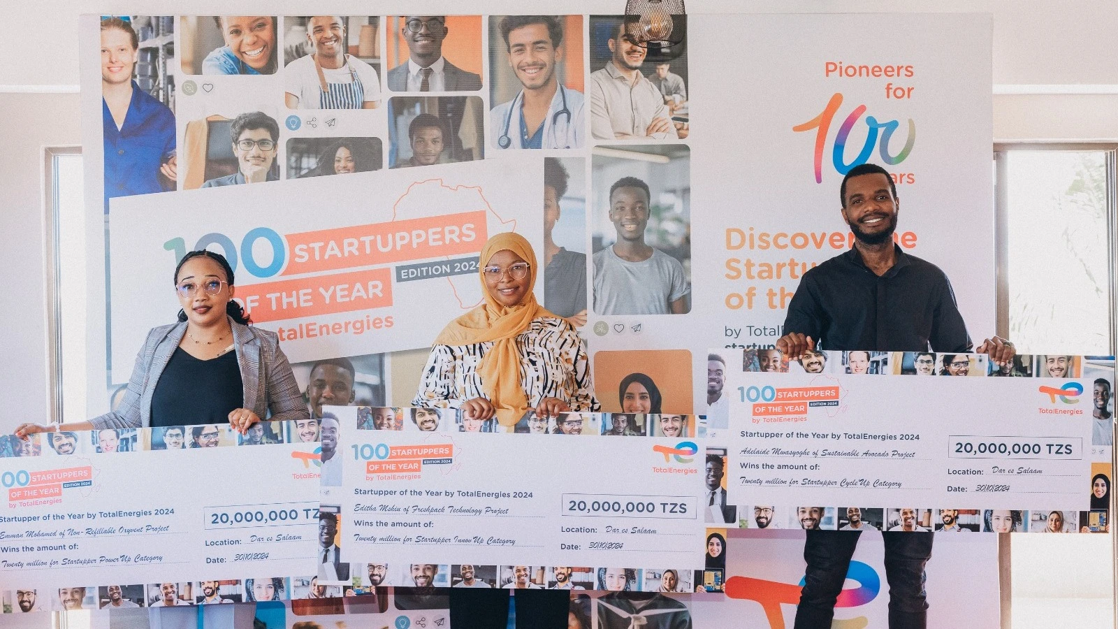 From left: Emman Mohamed (Best Sustainable and Affordable Project), Editha Godlisten (Best Entrepreneur), and Abdul Milondomo representing Adelaide Mwasyoghe (Best Circular Economy Project) at the event in Dar es Salaam on October 30, 2024.