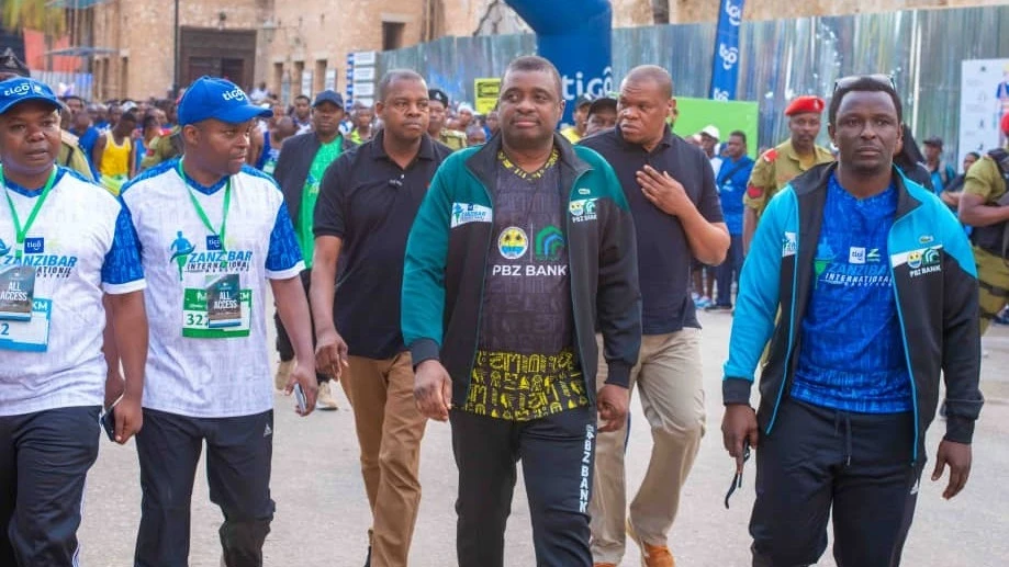 Second Vice President of Zanzibar, Hemed Suleiman Abdulla, during the awards presentation for participants of the marathon held at Forodhani grounds in Zanzibar city.