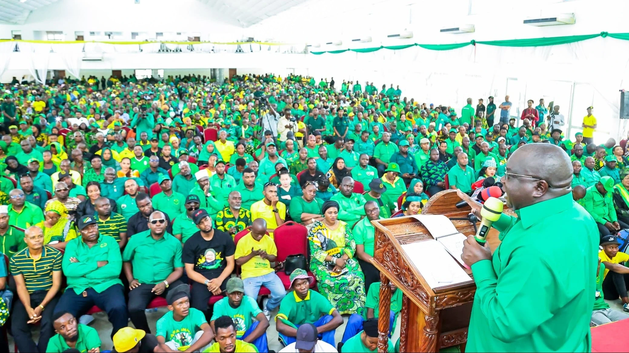 Amos Makalla, CCM’s Secretary for Ideology, Publicity and Training, addresses members of the party in Dar es Salaam’s Kinondoni District yesterday. He stressed the need for all those registered as voters in upcoming civic and other elections