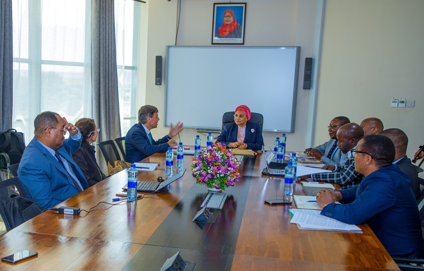 Finance ministry permanent secretary Dr Natu El-Maamry Mwamba (facing camera) chairs a meeting in Dodoma city yesterday with experts from the Tanzania Office of the European Union led by the Head of the EU Cooperation Section,