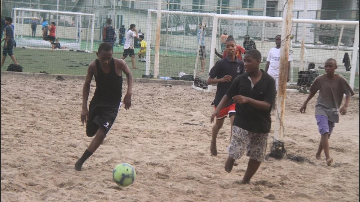 Barefooted youths pictured recently during a soccer training session at the Jakaya Kikwete Sports Park in Dar es Salaam.