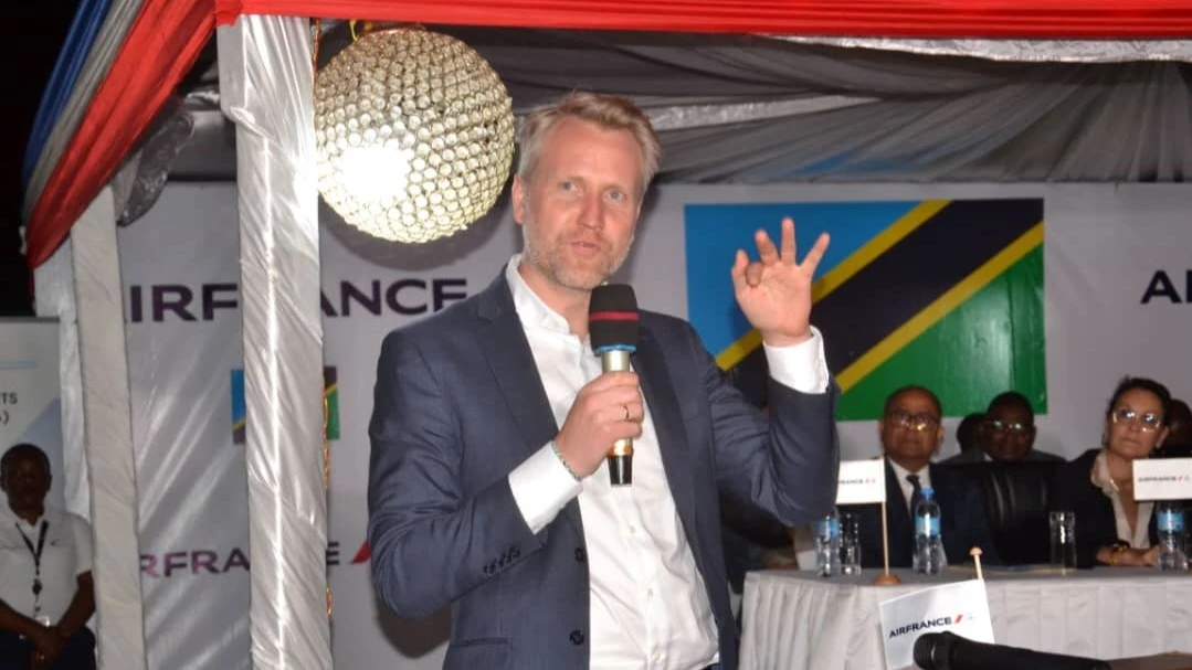 Air France KLM General Manager for East and Southern Africa, Nigeria, and Ghana, Marius van der Ham, delivers his keynote speech at the inauguration of the Air France Paris-Kilimanjaro route at Kilimanjaro International Airport.