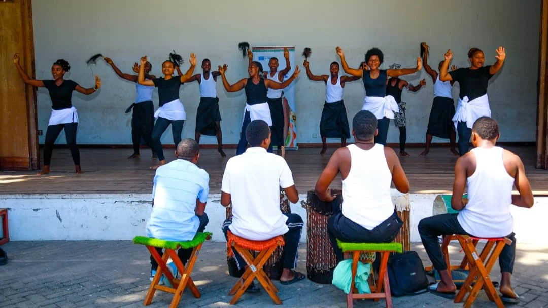 Students at the Bagamoyo Arts and Cultural Institute display their traditional dancing skills. 