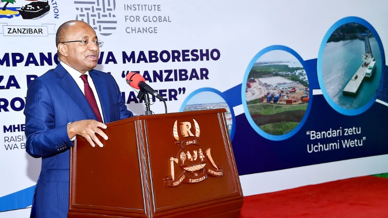 
Zanzibar President Dr Hussein Ali Mwinyi delivers address at the signing ceremony of the Zanzibar Port Improvement Plan at Zanzibar State House yesterday. 