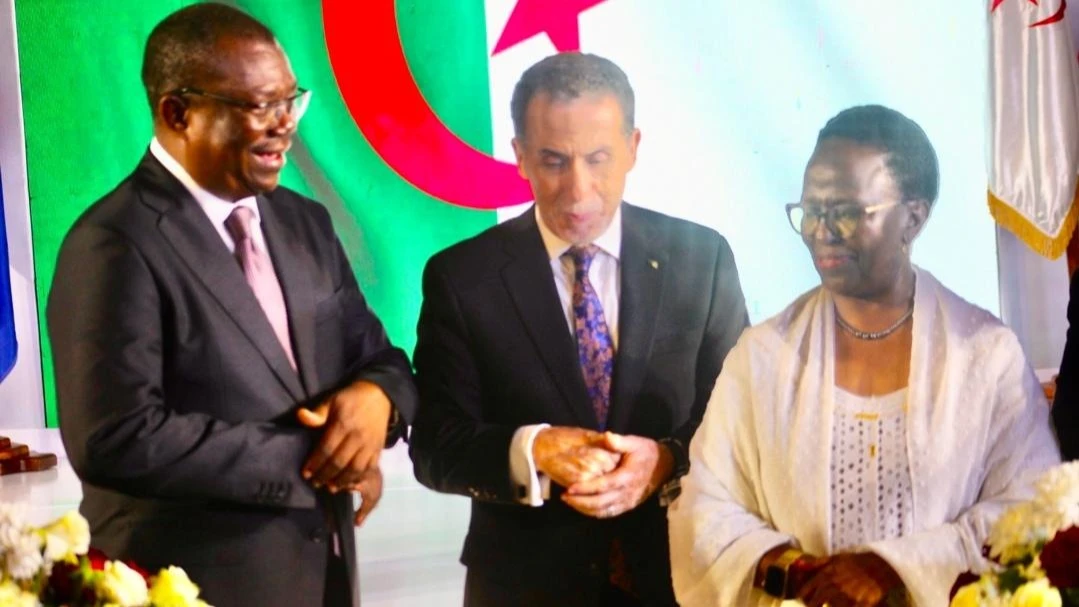 Dr Khalid Salum Mohamed, Zanzibar Minister for Infrastructure, Communication and Transport (left) Algerian Ambassador to Tanzania Ahmed Djellal (centre) and Liberata Mulamula Former Minister of Foreign Affairs and Eastern African Cooperation. 