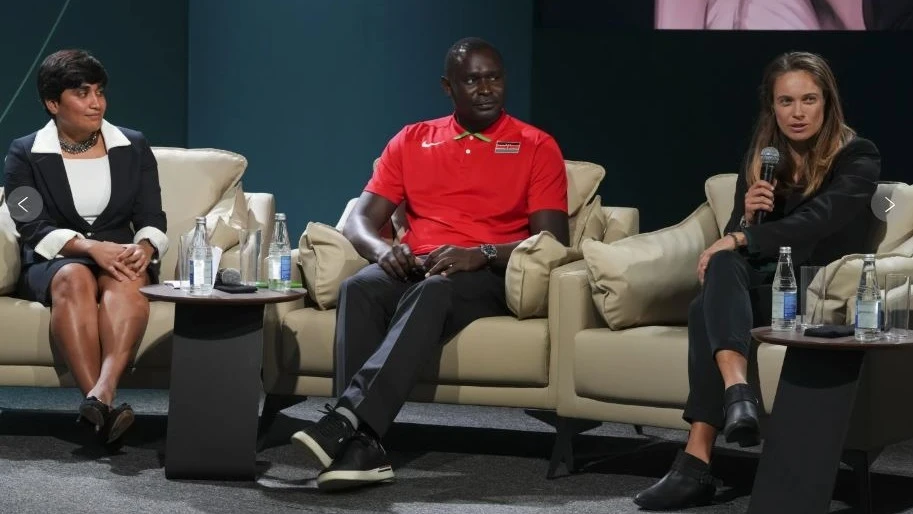 Indian triathlete Pragnya Mohan, from left, David Rudisha, former Kenyan runner, and Katie Rood, New Zealand soccer player, attend a session on sports for climate action during the COP29 U.N. Climate Summit, Monday, Nov. 18, 2024, in Baku, Azerbaijan. 