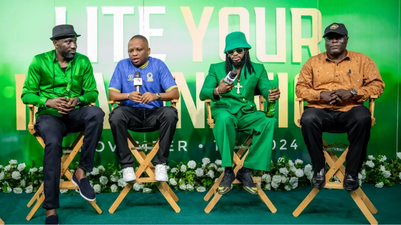 The Deputy Minister for Culture, Arts, and Sports, Honorable Hamis Mwinjuma (second left), addressing journalists during the launch of Serengeti Lite’s ‘Lite Your Imagination’ campaign. 