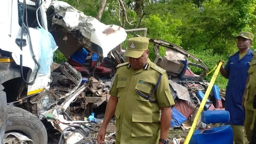 
Commissioner of Police (Operations and Training) Awadhi Juma pictured yesterday at the scene of an accident involving a truck and a bus at Mikese on the Morogoro-Dar es Salaam highway. By yesterday evening, 15 people were confirmed to have died .