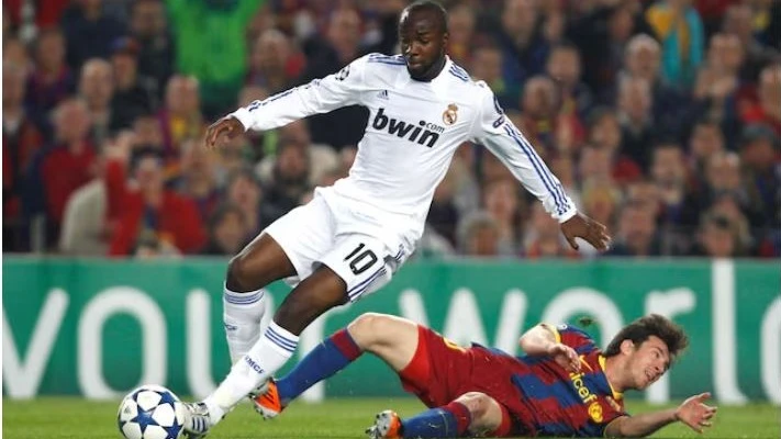 Real Madrid’s Lassana Diarra in action against FC Barcelona’s Lionel Messi during their UEFA Champions League Semi Final Second Leg at The Nou Camp, in Barcelona, Spain in May, 2011