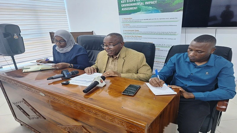 NEMC Acting Director of Law Enforcement of the National Environmental Management Council (NEMC), Jamal Baruti, (C) speaks to journalists yesterday at the council's offices in Mikocheni, Dar es Salaam. 