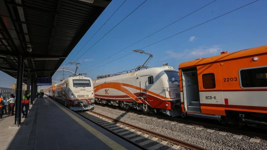 An electric SGR train stops at Dar es Salaam Station in Tanzania on Aug. 1, 2024.