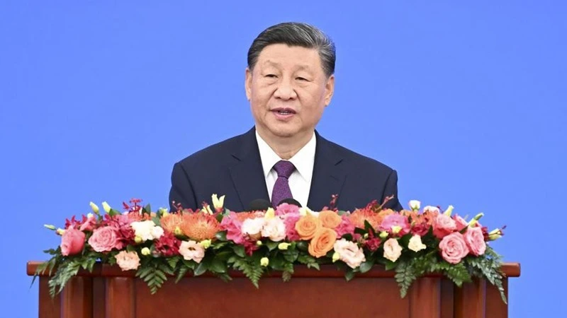 Chinese President Xi Jinping attends the 70th Anniversary of the Five Principles of Peaceful Coexistence and delivers a speech on fostering global unity, June 28, 2024, in Beijing.