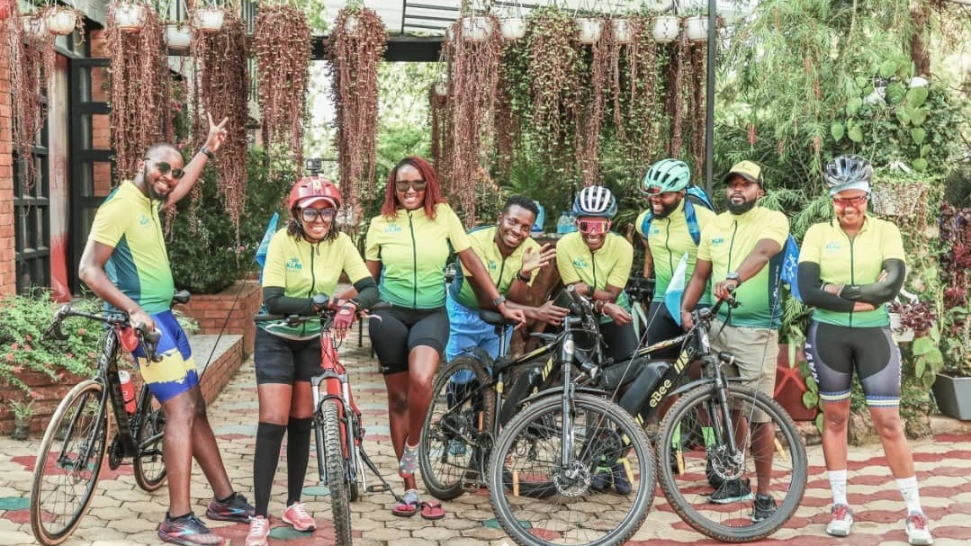 Cyclists who embarked on a four-day journey from Kenya’s capital city, Nairobi, to Kilimanjaro, pose for a photo after successfully delivering 72 eco-friendly school bags made from recycled Air France-KLM billboards