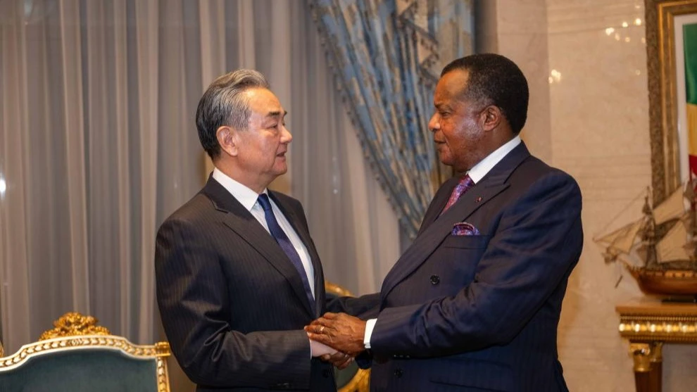 President of the Republic of the Congo Denis Sassou Nguesso meets with Chinese Foreign Minister Wang Yi, also a member of the Political Bureau of the Communist Party of China Central Committee, in Brazzaville, the Republic of the Congo, Jan 7, 2025.