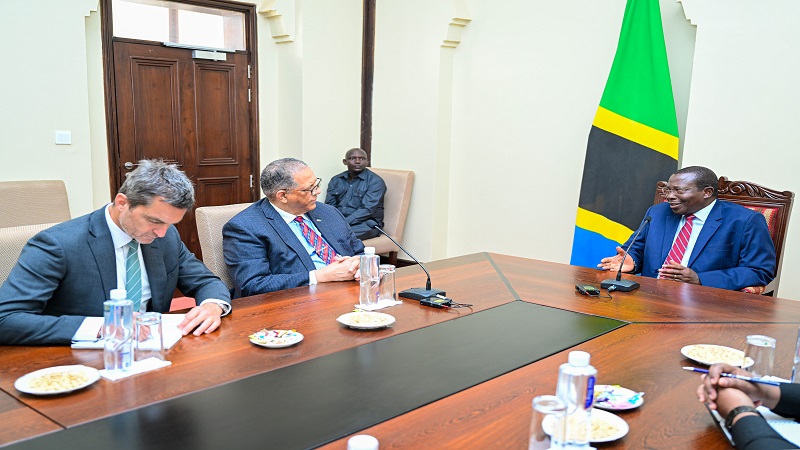 Vice President Dr. Philip Mpango speaks with the outgoing resident ambassador of the United States, Michael Battle (2nd L), at the Chamwino State House in Dodoma yesterday