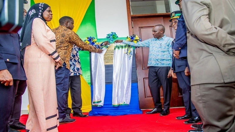 Deputy Prime Minister and Energy Minister Dr. Doto Biteko (R) and Home Affairs Minister Innocent Bashungwa (2nd L) lay the foundation stone for the Immigration Office building in Micheweni District, to  mark 61st anniversary of Zanzibar Revolution.