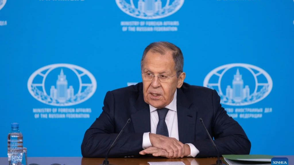 Russian Foreign Minister Sergei Lavrov speaks during his annual press conference in Moscow, Russia, on Jan. 14, 2025. 