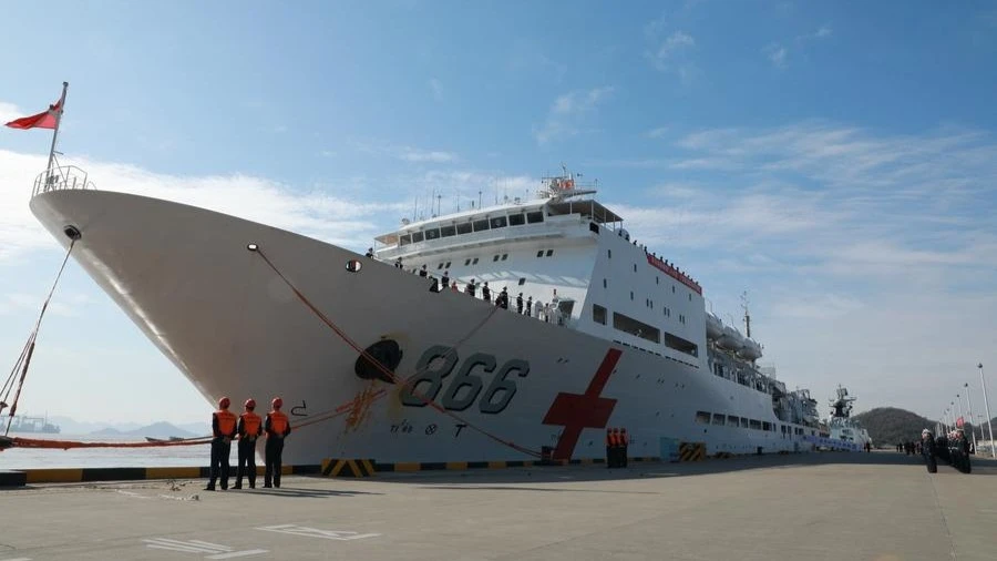 The Chinese Navy hospital ship "Peace Ark" arrives at a port in Zhoushan, east China's Zhejiang Province, Jan. 16, 2025.