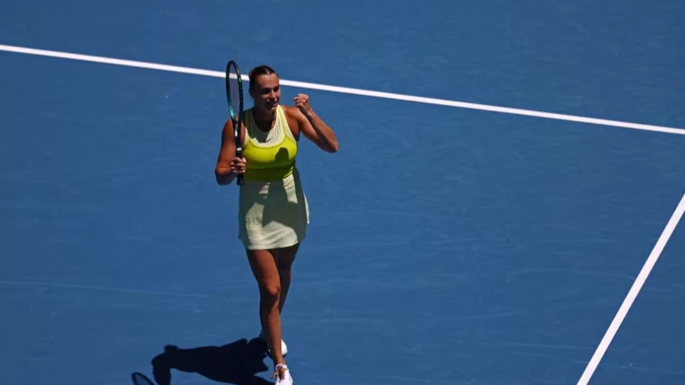 Belarus' Aryna Sabalenka celebrates winning her Australian Open third round match against Denmark's Clara Tauson at Melbourne Park, in Melbourne, Australia, yesterday.