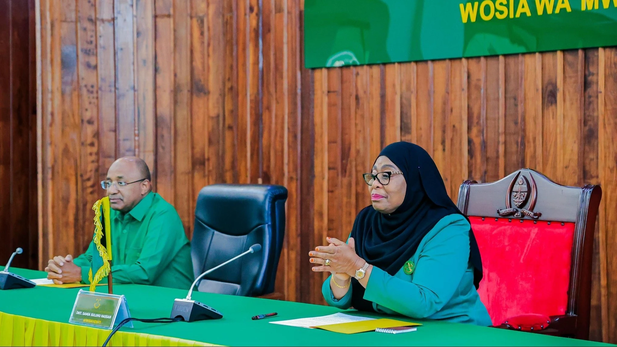 CCM national chairperson, President Samia Suluhu Hassan (R). Left is Zanzibar President Dr. Hussein Ali Mwinyi during the second day of the party’s extraordinary general meeting in Dodoma yesterday.