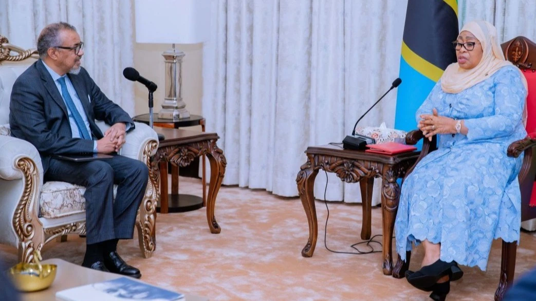 President Samia Suluhu Hassan (R). Left is WHO Director-General Dr. Tedros Adhanom Ghebreyesus during a press briefing in Dodoma today, discussing Tanzania's efforts to combat the Marburg Virus Disease. 