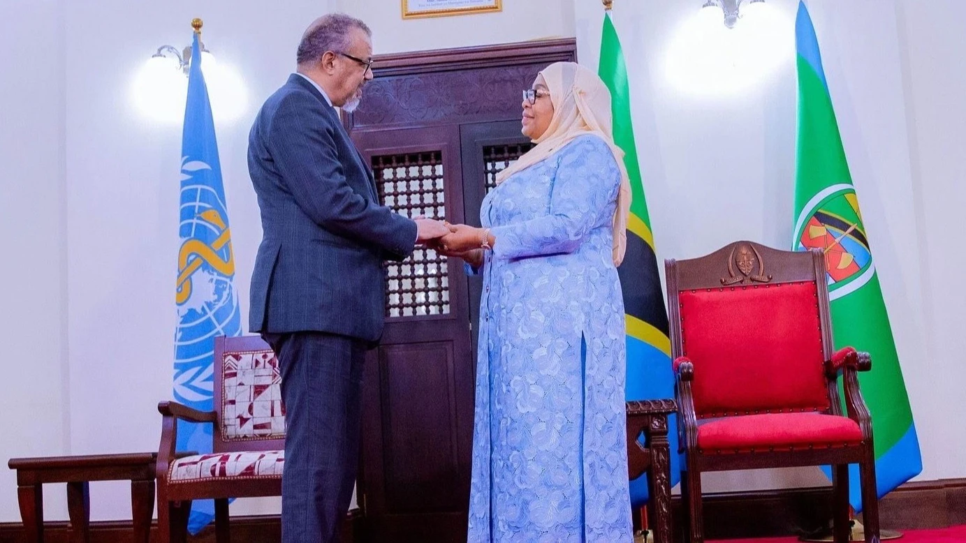 President Samia Suluhu Hassan (R). Left is WHO Director-General Dr. Tedros Adhanom Ghebreyesus during a press briefing in Dodoma today, discussing Tanzania's efforts to combat the Marburg Virus Disease.