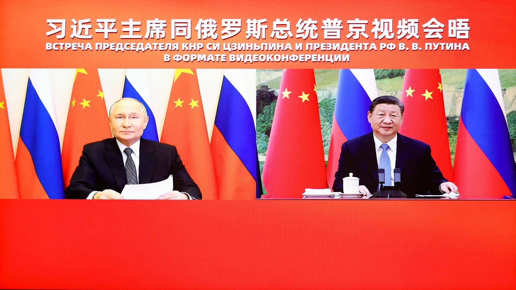 President Xi Jinping talks with Russian President Vladimir Putin via video link from the Great Hall of the People in Beijing on Jan 21, 2025.