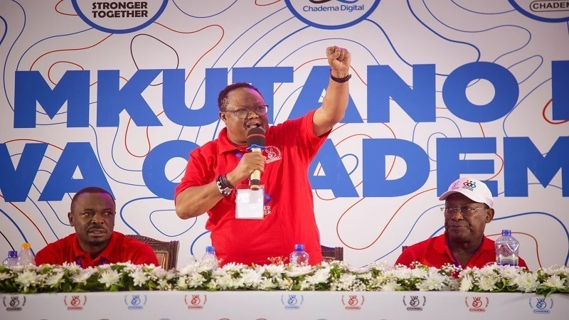 Tundu Lissu (C), the Chadema newly elected national chairman, addresses na-tional electoral conference delegates shortly after being declared the winner in Dar es Salaam early yesterday. 