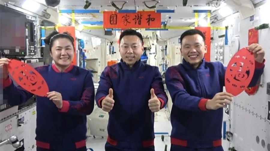 This undated video grab shows Shenzhou-19 astronauts sending their Spring Festival greetings from China's Tiangong space station.