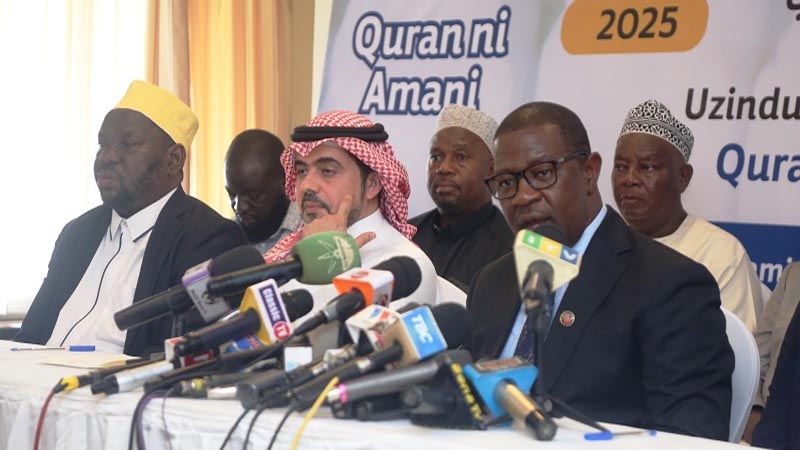 Works Minister Abdallah Ulega (R) speaks to journalists in Dar es Salaam yesterday during the launch of International Holy Quran Award, scheduled to take place next month at Benjamin Mkapa Stadium. 