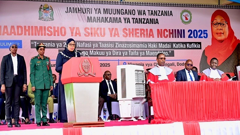 President Samia Suluhu Hassan delivers a speech during celebrations to mark Law Day at national level at Chinangali grounds in Dodoma yesterday. 