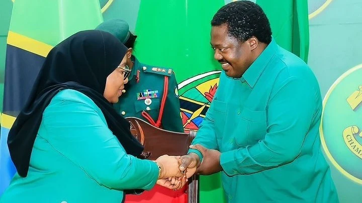 Mwenyekiti wa CCM, Rais Samia Suluhu Hassan na Katibu Mkuu, Emmanuel Nchimbi