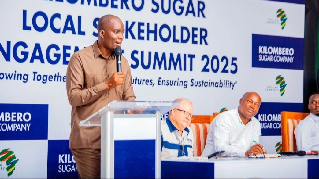 Kilombero District Commissioner Dunstan Kyobya giving remarks during the Kilombero Sugar Company Local Stakeholder Engagement Summit held recently in Kilombero