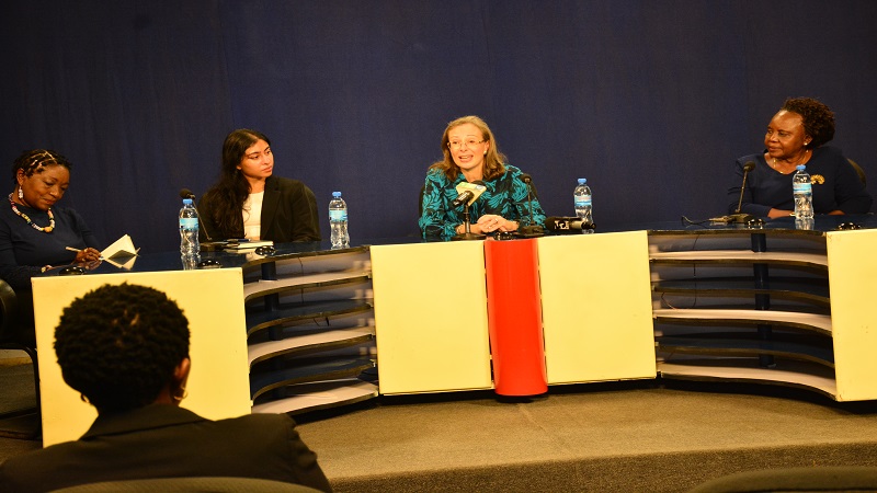 The envoy wraps up her tour by addressing journalists. Left is ITV/Radio One MD Joyce Mhaville and right is IPP director Joyce Luhanga.