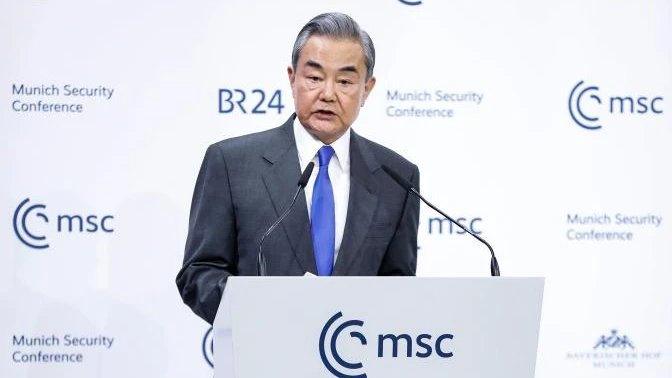 Chinese Foreign Minister Wang Yi, also a member of the Political Bureau of the Communist Party of China (CPC) Central Committee, addresses the "China in the World" session of the Munich Security Conference in Munich, Germany, Feb. 14, 2025.