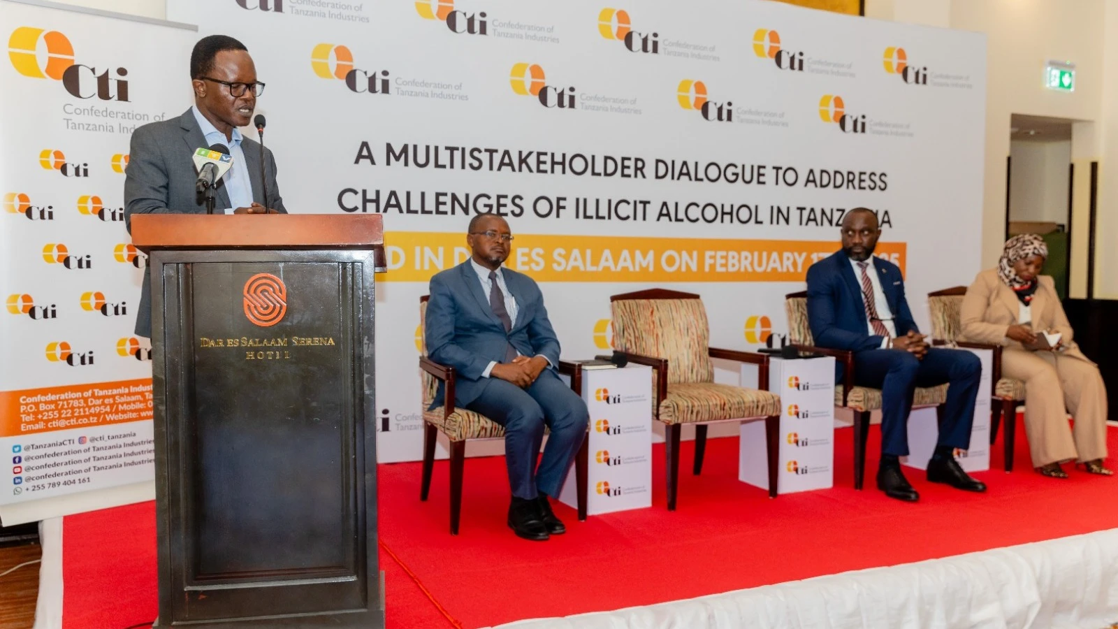 Former CTI Chairman and SBL Board Chairman, Paul Makanza, speaks at a one-day workshop bringing together private sector stakeholders and development partners to discuss strategies for combating illicit alcohol trade in Tanzania.