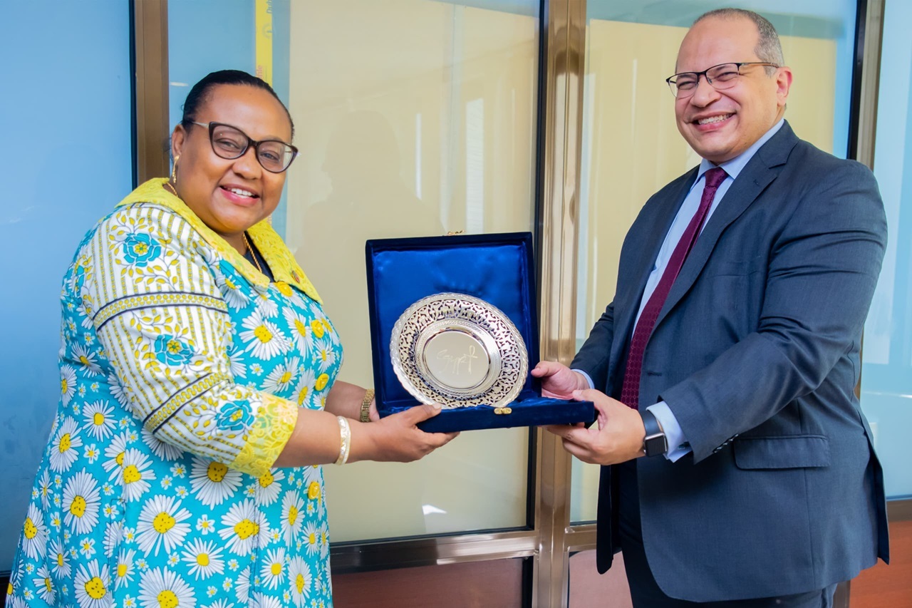 Natural Resources and Tourism minister Dr Pindi Chana (L) receives a gift from the Egyptian Ambassa-dor to Tanzania, Sherif Abdelhamid Ismail, shortly af-ter talks on cooperation in tourism between Tanzania and Egypt held in Dar es Salaam yesterday. 