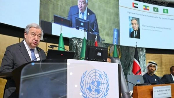 UN Secretary-General António Guterres (left and on screen) addresses the high-level Humanitarian Conference for the People of Sudan, in Addis Ababa, Ethiopia.