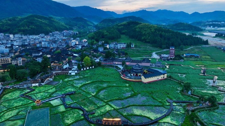 An aerial drone photo shows a view in Carp Brook scenic area in Puyuan Village, Puyuan Township, Zhouning County, southeast China's Fujian Province, July 12, 2024.