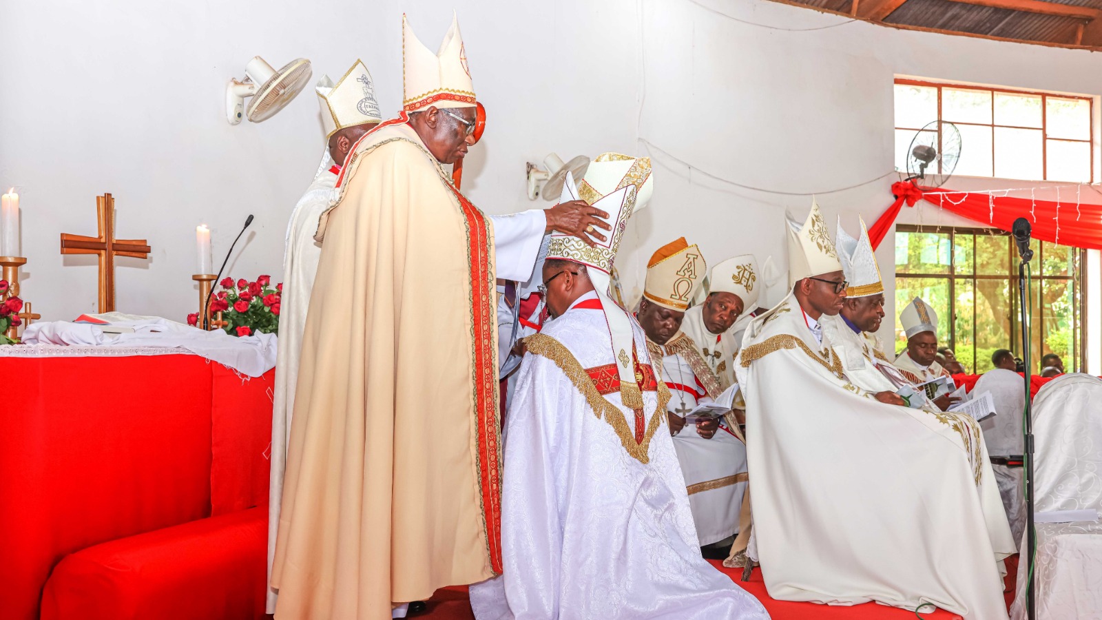  Bishop Dr Fredrick Shoo of the 	Northern Diocese of the Evangelical Lutheran Church in Tanzania graces the consecration of Mwanga Diocese Bishop-elect Dr Daniel Henry Mono yesterday. 