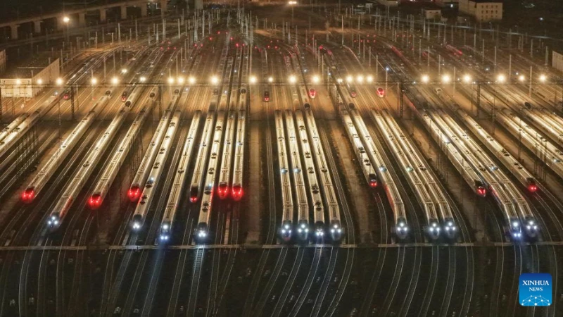 An aerial drone photo taken on Feb. 2, 2026 shows high-speed trains at a maintenance depot in Tianjin, north China.