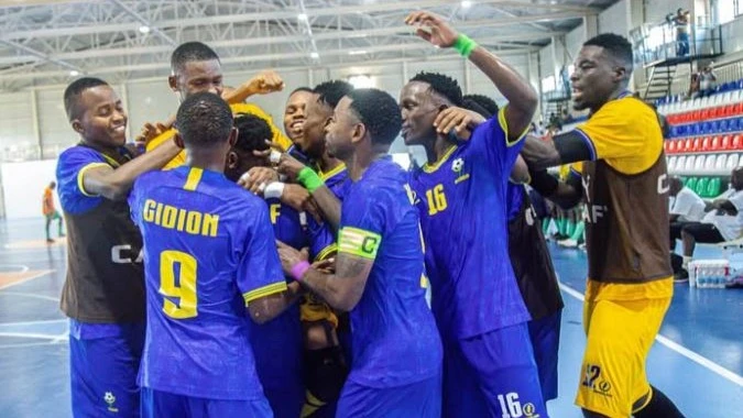 
Tanzania futsal team players celebrate after winning their CAF Futsal AFCON 2026 qualifying first leg against Ivory Coast at the Amaan Indoor Stadium in Zanzibar on Tuesday. Tanzania won 7-3. 

 