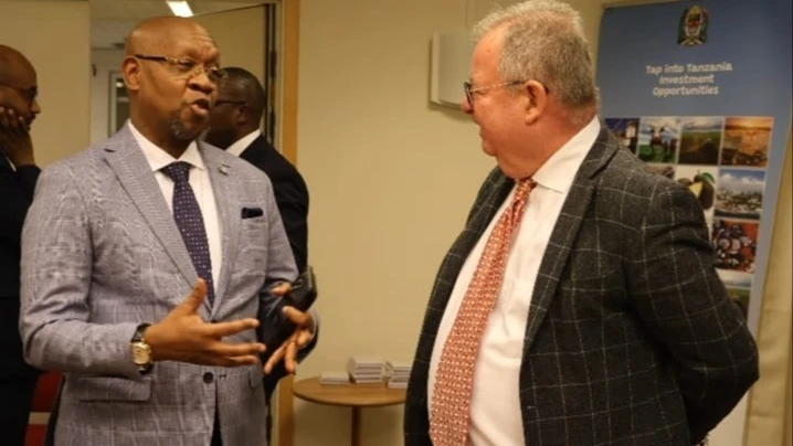 Tanzanian Ambassador to Sweden, Mobhare Matinyi (left), speaking with the Vice President of Dynamis Investment Partners, Bo Löfgren, immediately after a meeting with Swedish investors at the embassy offices in Stockholm, on February 6, 2026 