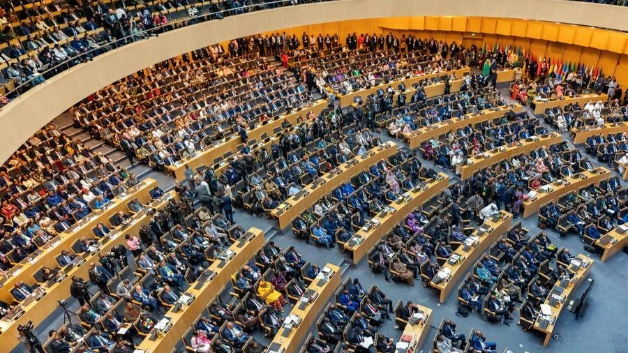 This photo taken on Feb. 14, 2026 shows a scene at the 39th Ordinary Session of the Assembly of Heads of State and Government of the African Union (AU) in Addis Ababa, Ethiopia. 