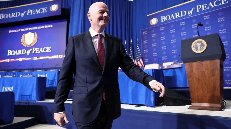 FIFA president Gianni Infantino attends the inaugural Board of Peace meeting at the U.S. Institute of Peace in Washington, D.C., U.S., February 19, 2026. 