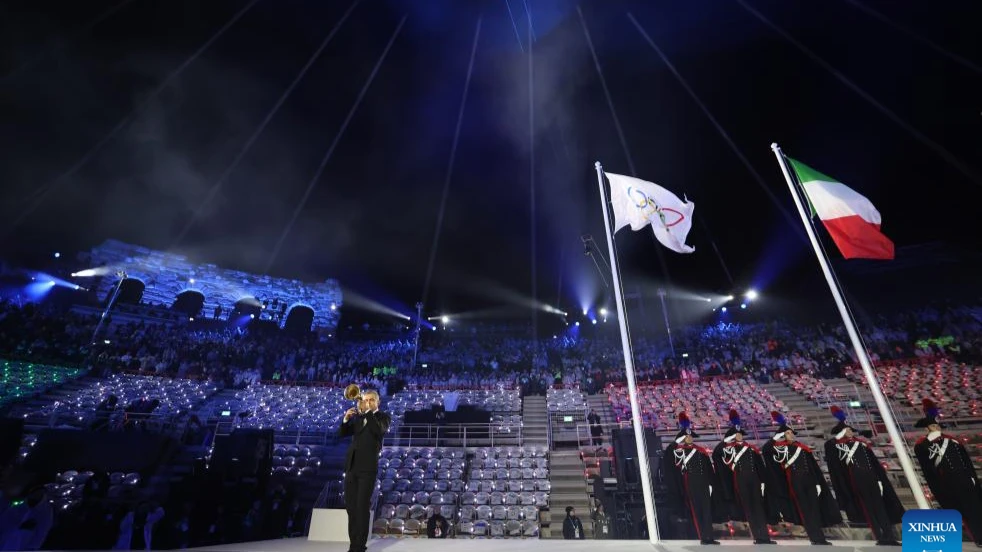This photo taken on Feb. 22, 2026 shows the closing ceremony of the Milan-Cortina 2026 Olympic Winter Games at Verona Olympic Arena in Verona, Italy. 